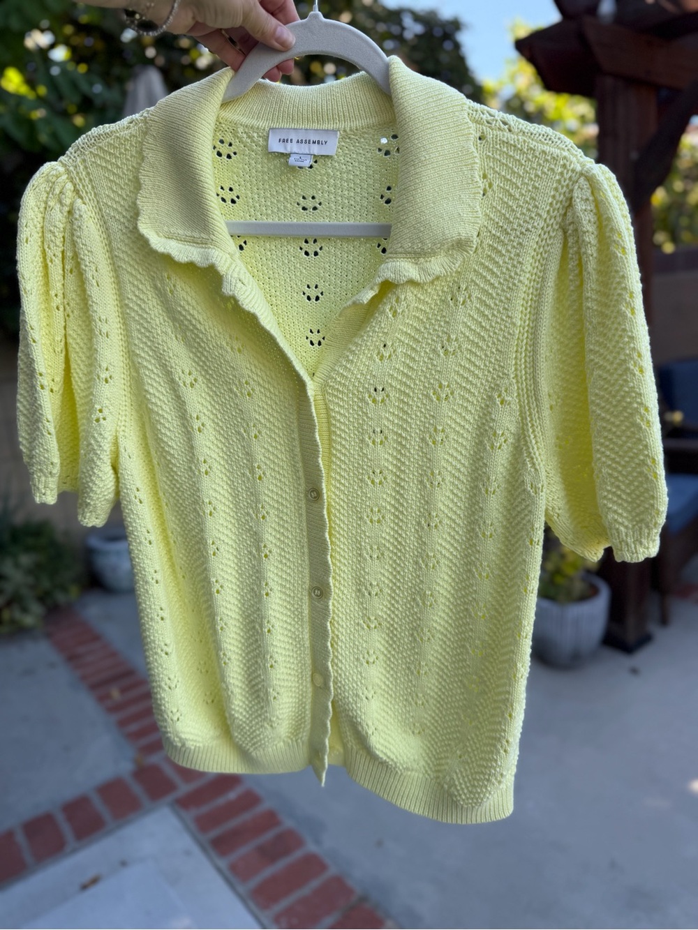Free Assembly Lemon Yellow Open Knit Cardigan Sweater Ruffle Collar L 100% Cotto